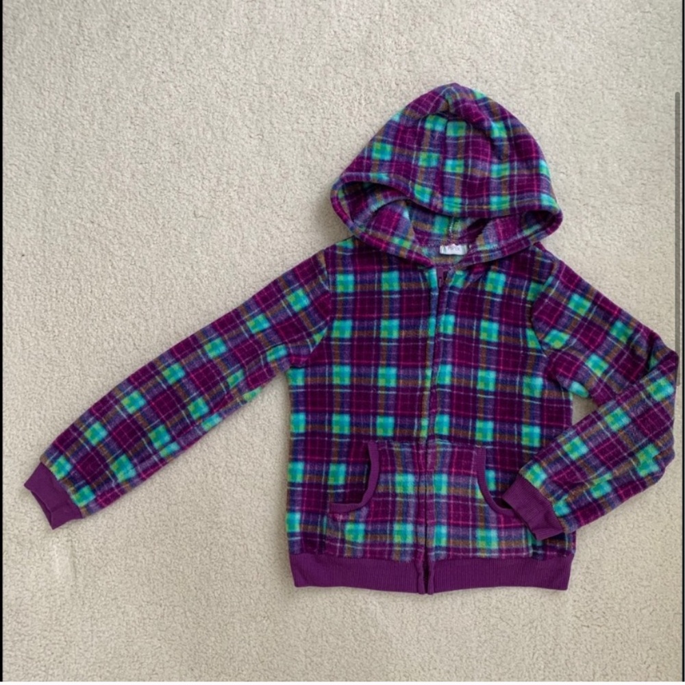 Piper Purple Green Plaid Fuzzy Zip Up Hood Jacket